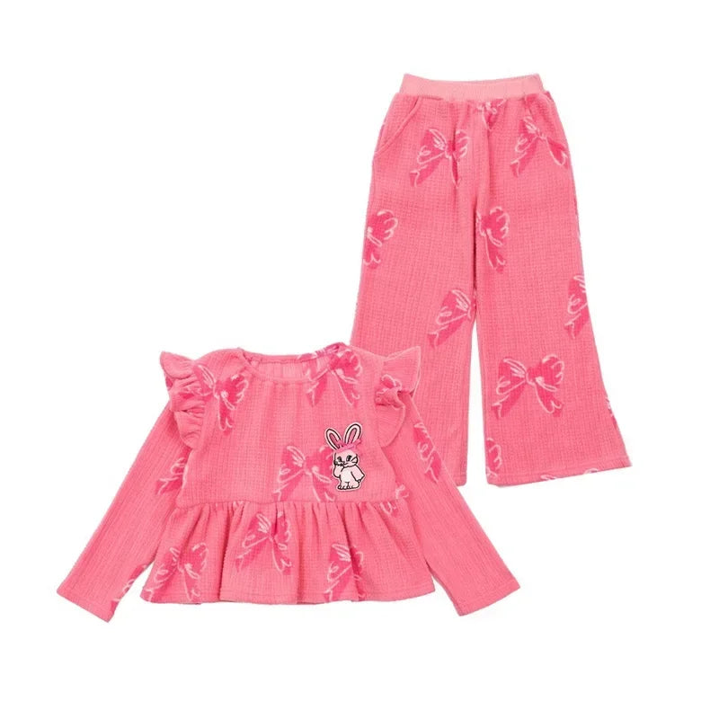 Korean Autumn Girl Outfits 2024 New Cotton Kawaii Girl Long Sleeve T-shirt Pants Set Cartoon Bow Children's Top Clothing