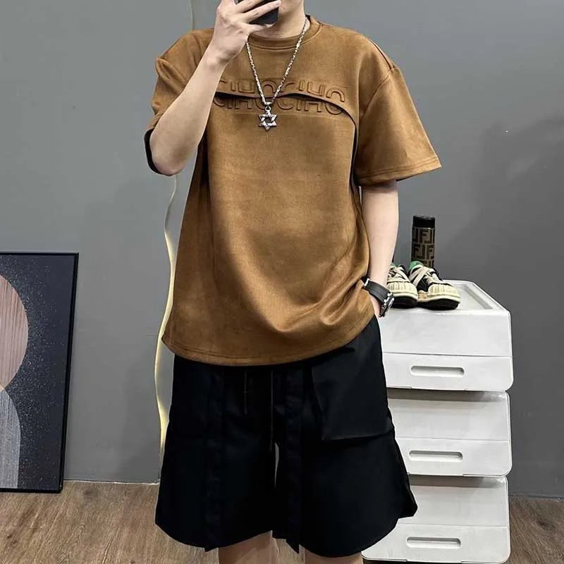 ARWEN & AJH GROUP  Fashion O-Neck Spliced All-match Solid Color Letter T-Shirts Men's Clothing 2024 Summer New Loose Korean Tops Casual Tee Shirt