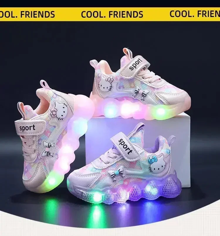 Cute Hello Kitty Casual Shoes for Baby Girl Children Led Light Sneakers Kids Shoes Toddler Walking Shoes Kids Anti-slip Shoes