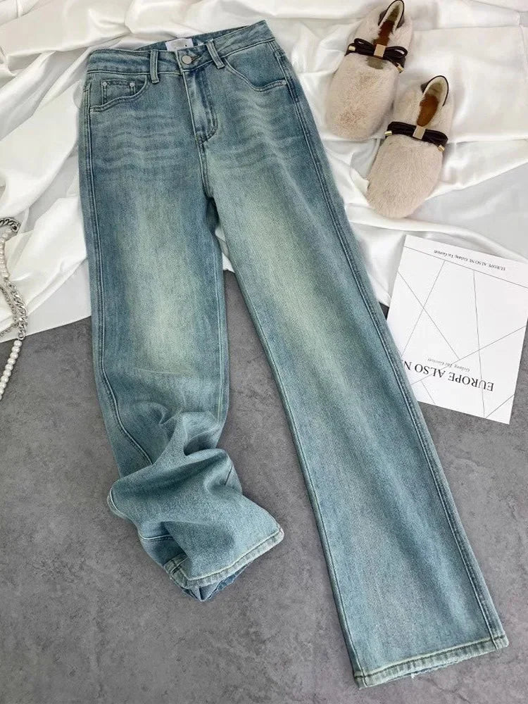 Blue Women Jeans Streetwear Vintage Fashion High Waisted Wide Leg Jean Female Trouser Letter Hip Hop Baggy Blue Denim Pants