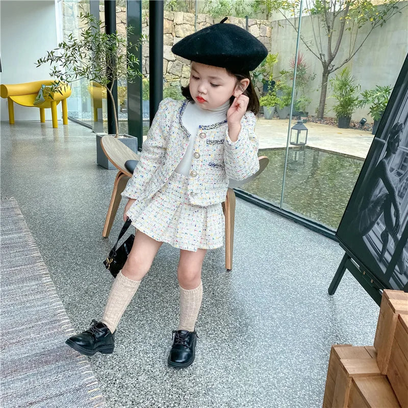 3308E Girls' Clothing Set Sweet Suit 2022 Autumn New Little Fragrant Wind Girl Two Piece Suit Knitted Coat+ Pleated Skirt