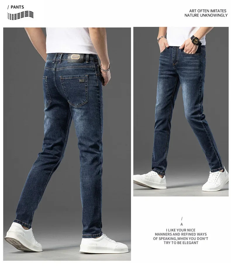 Luxury Brand Men's Jeans Slim Fit High Elasticity Versatile Blue Straight Leg Denim Trousers For All Seasons Casual Wear