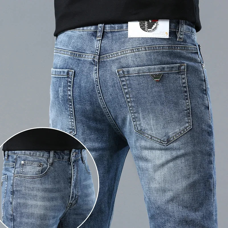 Free Shipping Slim Fit Men's Jeans Straight Leg Europe Trendy Brand Fashionable Washing Long Pants Casual Scene