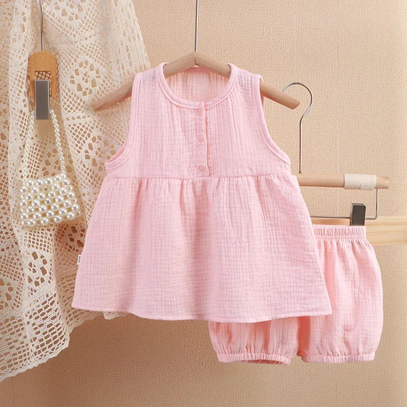 2Pcs Muslin Children Clothing Sets Sleeveless Tops Shorts Kids Loungewear for Girls Soft Breathable Baby Summer Clothes Suit