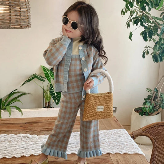 Children Clothing Set 2024 Autumn New Fresh Plaid Girl's Knitted Set Sweater Cardigan +Vest+Pant Sweet Three Piece Suit