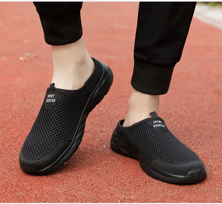 YRZL Men Half Slipper New Style Lat-soled Wild Flat-bottomed Summer Breathable Mesh Thin Section Baotou Slippers Man