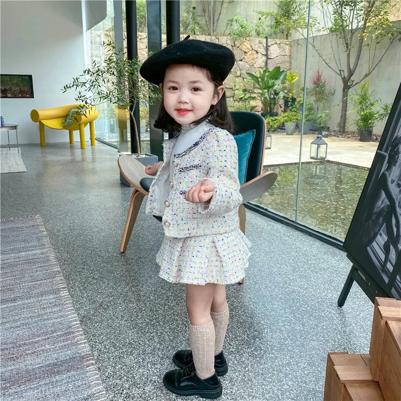 3308E Girls' Clothing Set Sweet Suit 2022 Autumn New Little Fragrant Wind Girl Two Piece Suit Knitted Coat+ Pleated Skirt