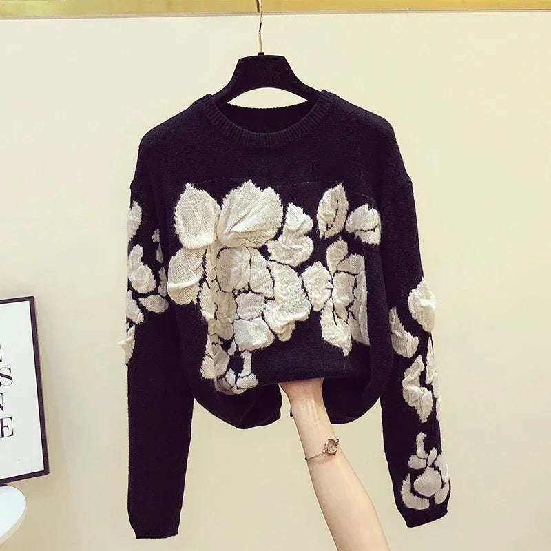 2024 Spring Embroidery Floral O-neck Sweater Pullovers Women Modis Vintage Long Sleeve Knitted Pullover Loose Black Tops