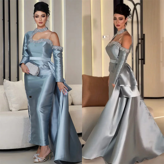 Formal Gown Evening Saudi Arabia Dearin High Collar Column Floor Length Skirts Hugging Bead Bespoke Occasion Dresses Prom Dress