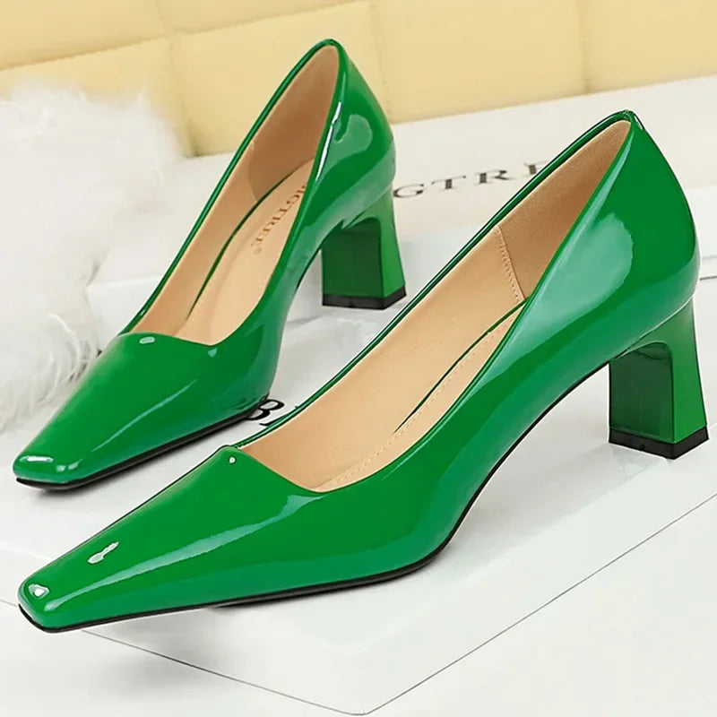 ARWEN AJH 2024 Women 6cm High Heels Heels Green Blue Nude Burgundy Low Square Heels Lady Bling Glossy Leather Wedding Evening Party Shoes