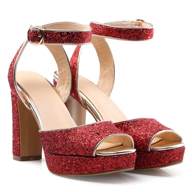 Luxurious Shiny Platform Chunky Block High Heels  For Women Glitter Sequins Ankle  Shoes Summer Dress