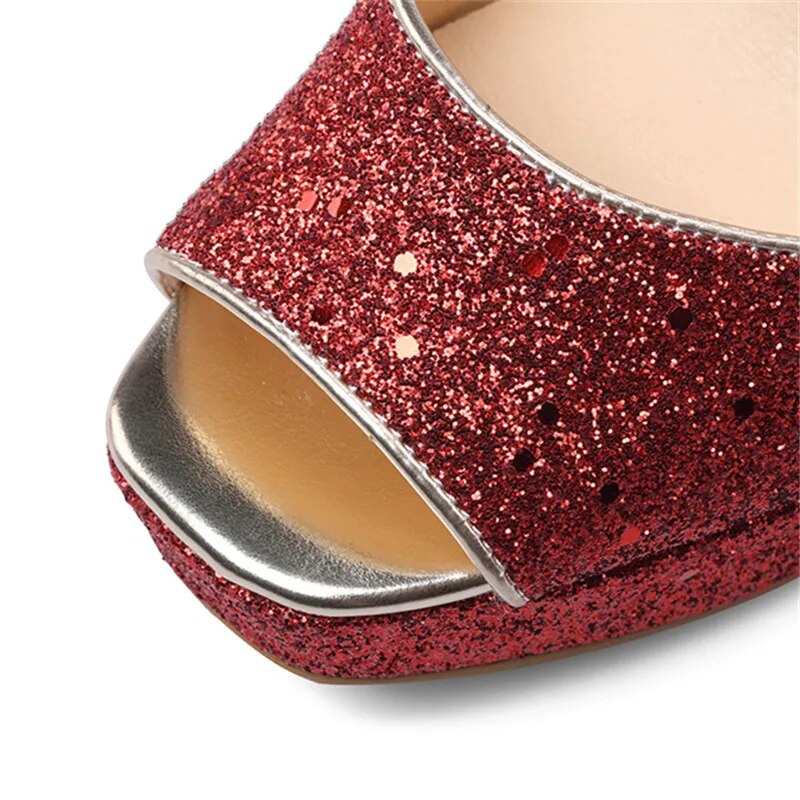 Luxurious Shiny Platform Chunky Block High Heels  For Women Glitter Sequins Ankle  Shoes Summer Dress