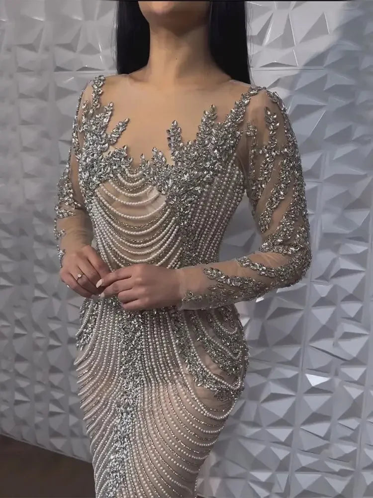 ARWEN&AJH GROUP مجموعة اروين التجاريه2024  Luxury Crystal Pearls Dubai Sliver Nude Evening Dresses for Women Wedding Formal Prom Party Gown