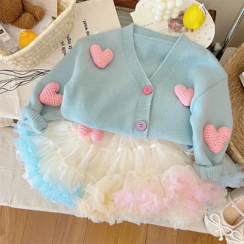 2024 Korean Kids Clothing  Sweaters Autumn Tutu Coat Three-Dimensional Love Knitted Cardigan Girls Jacket Baby Girl Clothes 2-8Y