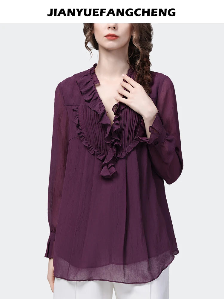 Loose-fitting Purple Ruffles Chiffon Blouse Women' 2024 Spring Summer Tops Long Sleeve V-Neck Fashion Casual Office Lady Blous