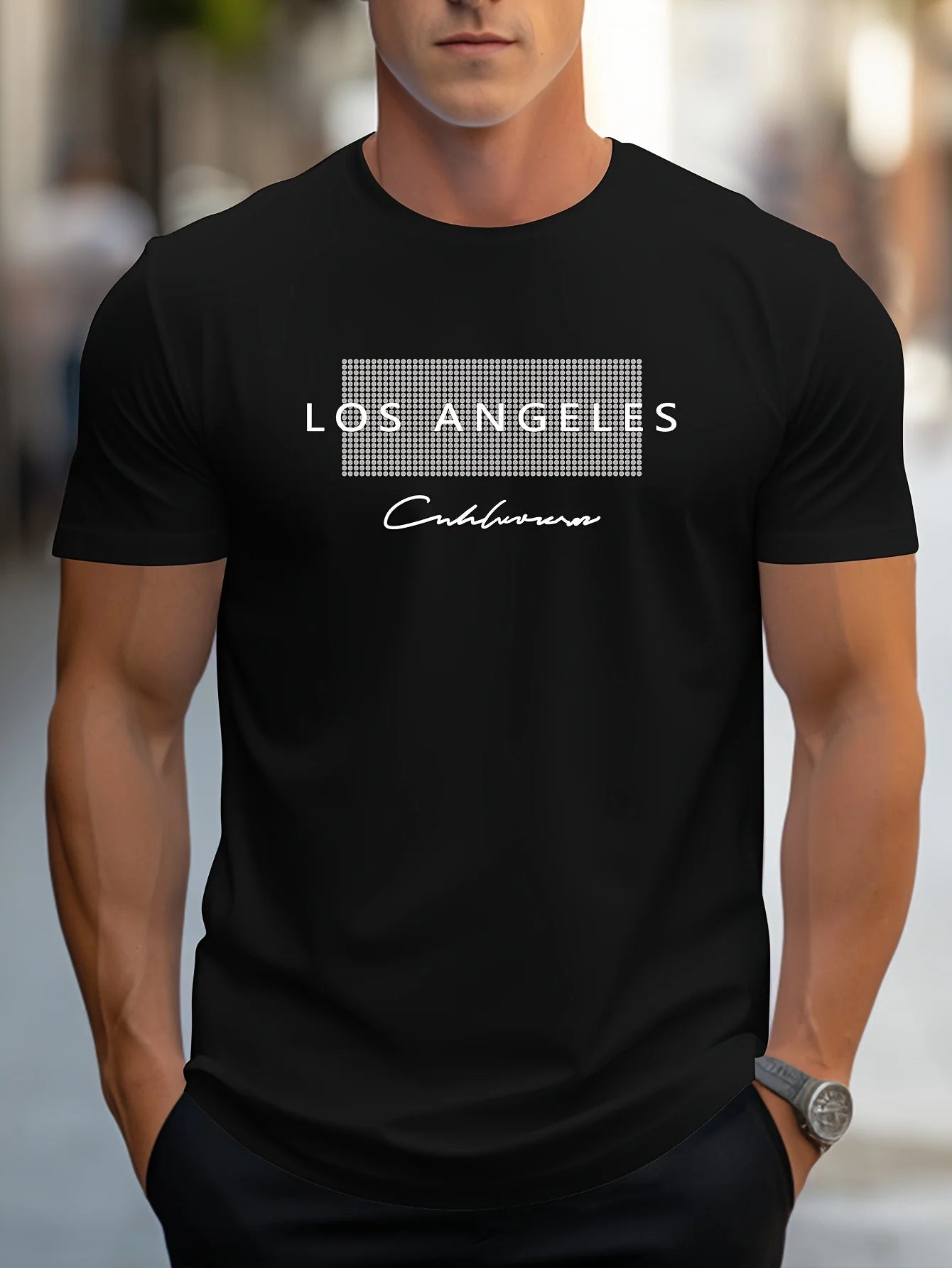 Men's 100% cotton summer loose fit large Los Angeles Graphic printed slim fit casual sports round neck short sleeved T-shirt top