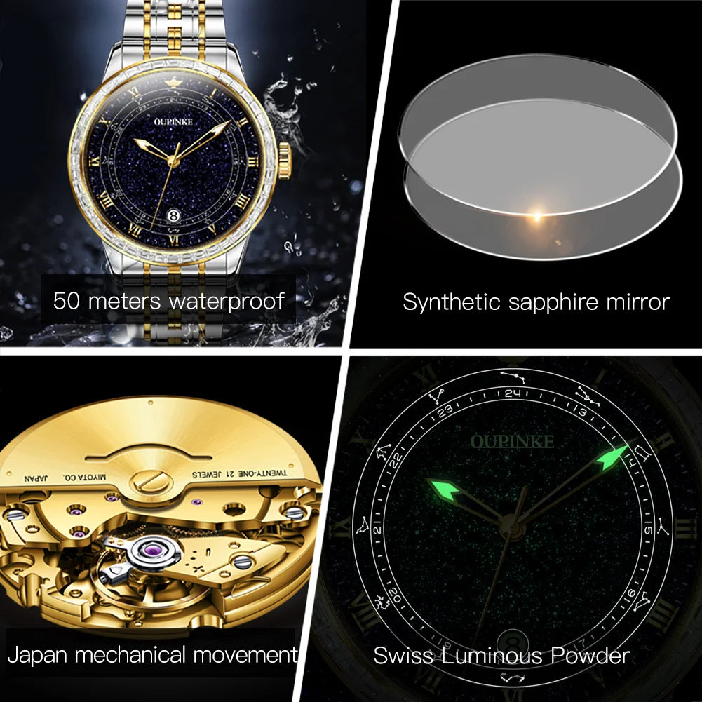 OUPINKE Original Automatic Mechanical Watch for Men Star Diamond Design Luminous Waterproof Mens Wristwatch Luxury Montre Homme