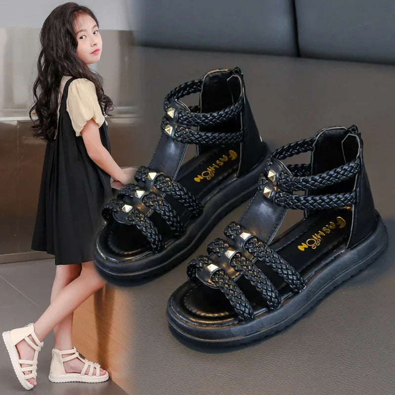 ARWEN & AJH GROUP Summer Sandals for Girls 2024 New Versatile Solid Color Korean Style PU Soft Non-slip Flat Casual Weave Roman Shoes for Princess