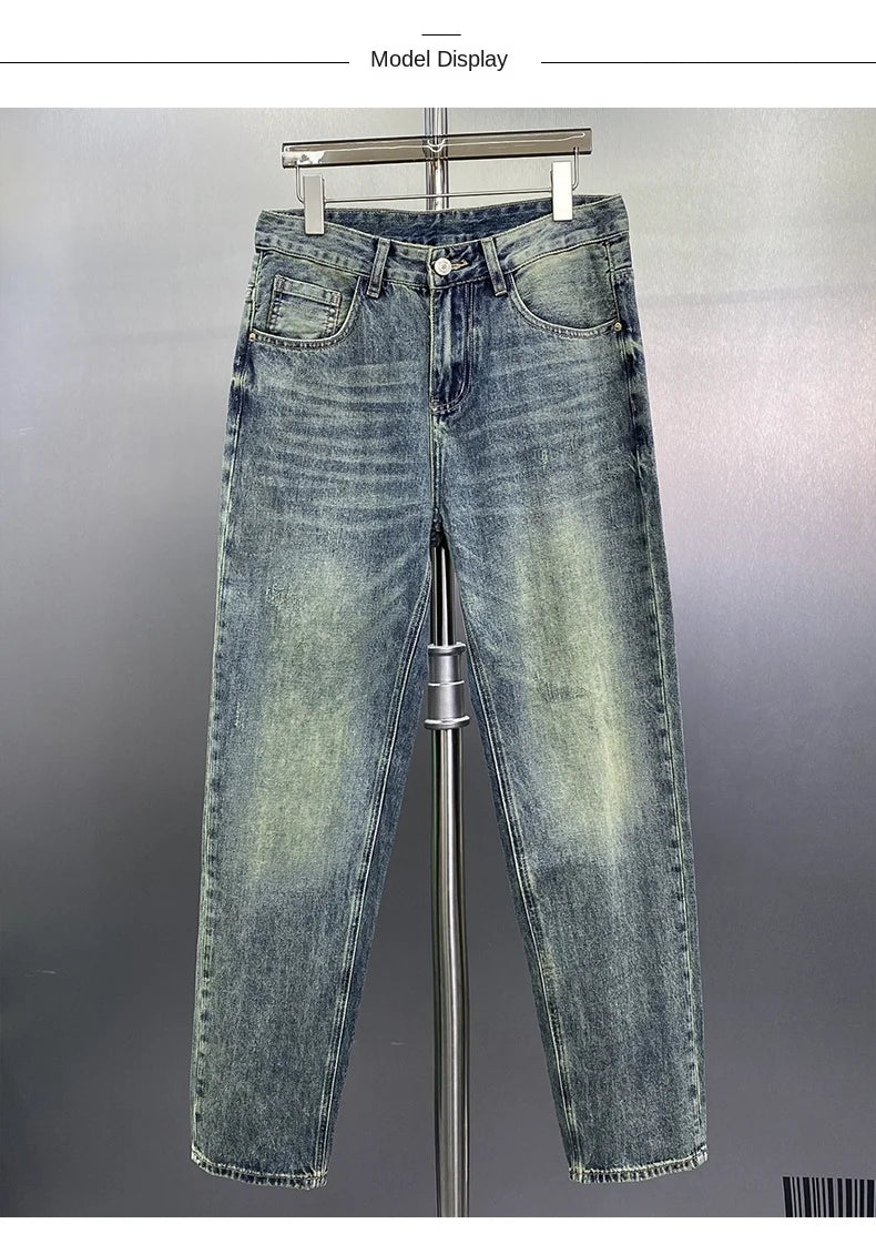 Thin section light blue jeans high-end simple fashion loose straight pants spring and summer casual versatile men's pants