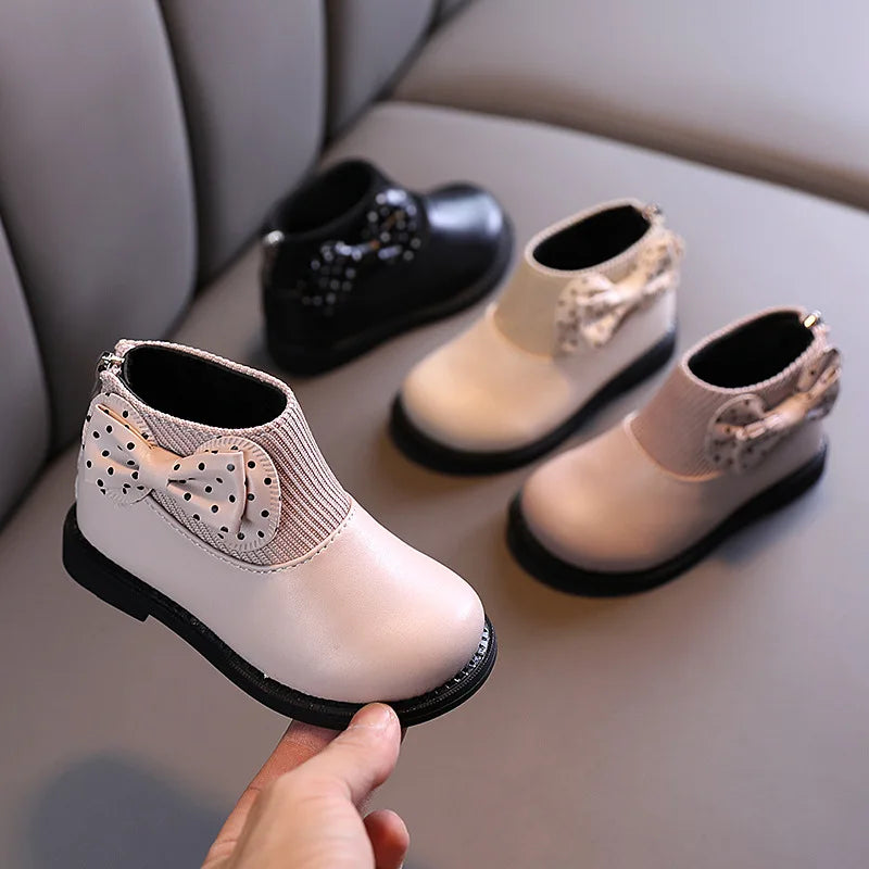 Children's Cotton Boots Winter New Kids Shoes Bow Girls Soft Bottom PU Leather Boots Baby Side Zipper Design Boots Toddler Shoes