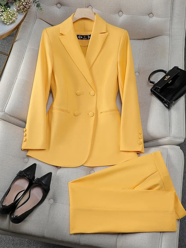 Fashion Office Ladies Formal Pant Suit Set Women Blue Pink Yellow Female Business Work Wear 2 Piece Blazer Jacket And Trouser