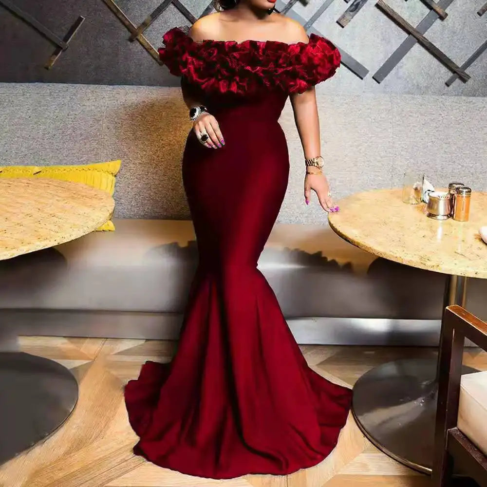 BKLD Spring New Clothes For Women Ruffles Off The Shoulder Slim Fit Mermaid Dress Solid Color Elegant Evening Party Long Dresses