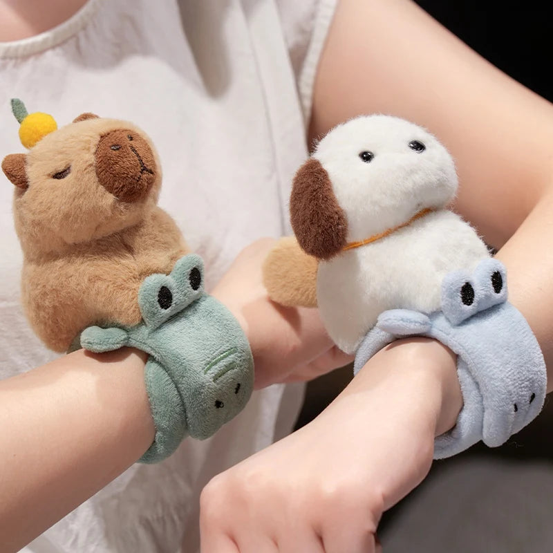 Lovely Animal Slap Snap Wrap Wristband Bracelet Capybara Dog Cat Plush Hand Ring Wristband Kids Toys Creative Funny Gift