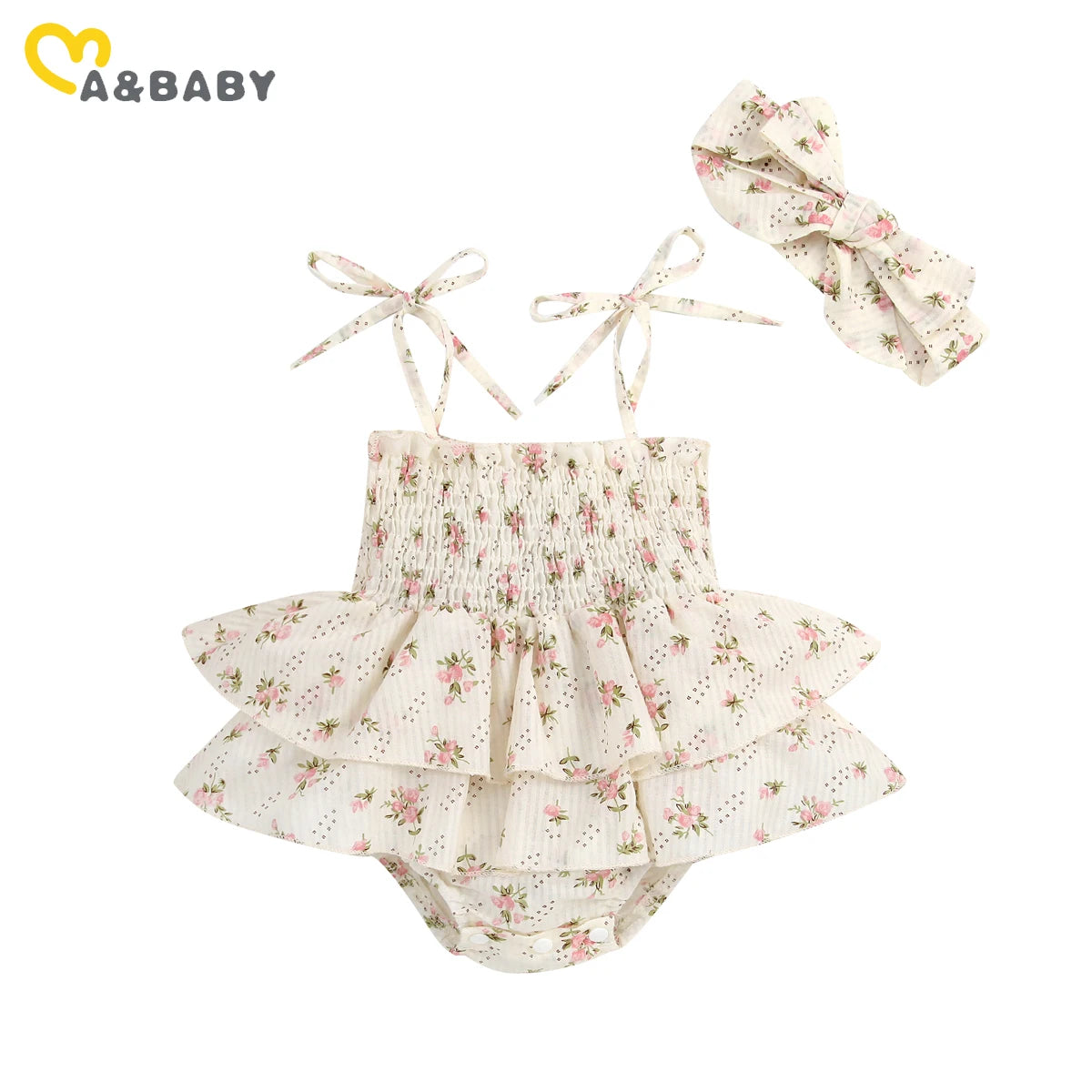 ma&baby 0-24M Baby Girl Romper Newborn Infant Jumpsuit Cute Floral Print Ruffle Sunsuit Headband Outfits Summer Clothing