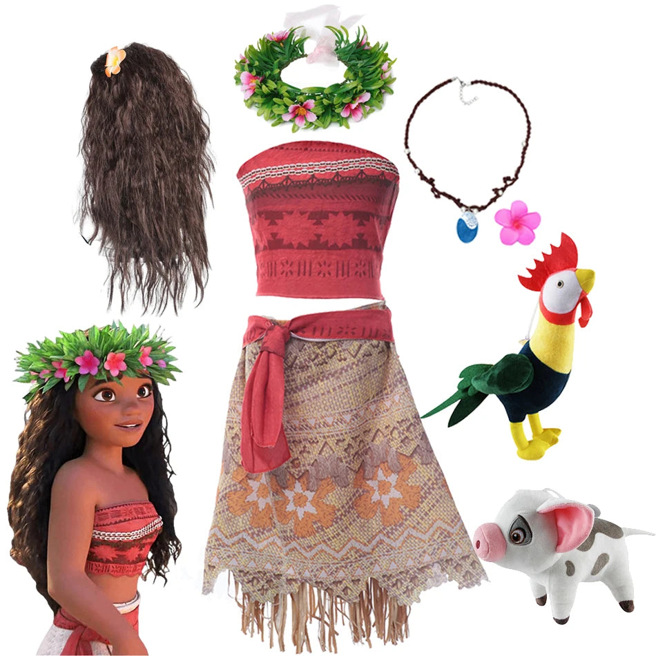 Moana Dress Kids Cosplay Girls Clothes Princess Vaiana Dress Children Birthday Party Costume With Necklace Pet Pig Chick Sets