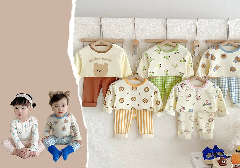 2024 Korean Ins Kids Loungewear Outfit Set Cotton Autumn Pants Boys Girls Pajamas Baby Winter Indoor Clothes 0 To 24 Months