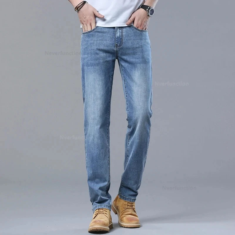 New in Men's Straight Jeans Summer Thin Casual Stretch Fashion Business Casual Denim Pants Straight Classic Male Trousers