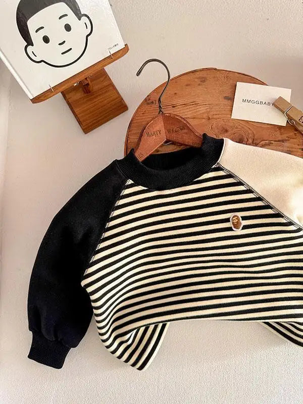 Autumn Winter Children Boy Striped Sweatshirt Cotton Spliced Long Sleeve Velvet Toddler Boy Pullovers Infant Baby Boy Undershirt