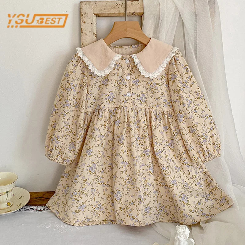 Sweet Kids Baby Girls Long Sleeve Flower Printing Princess Dress Autumn Baby Girls Doll Collar Dress Children Clothes Dress