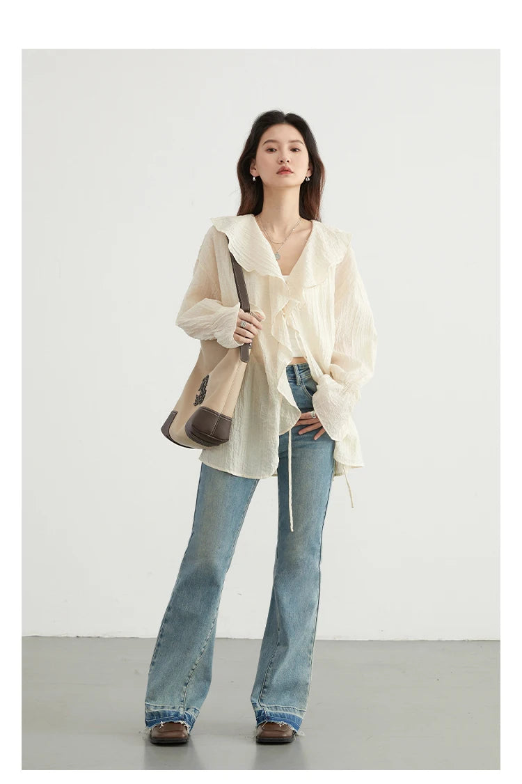 CHIC VEN Women Shirt Loose Casual Ruffled Edges Female Blouses V Neck Lace Up Mid Length Woman Shirts Spring Summer 2024