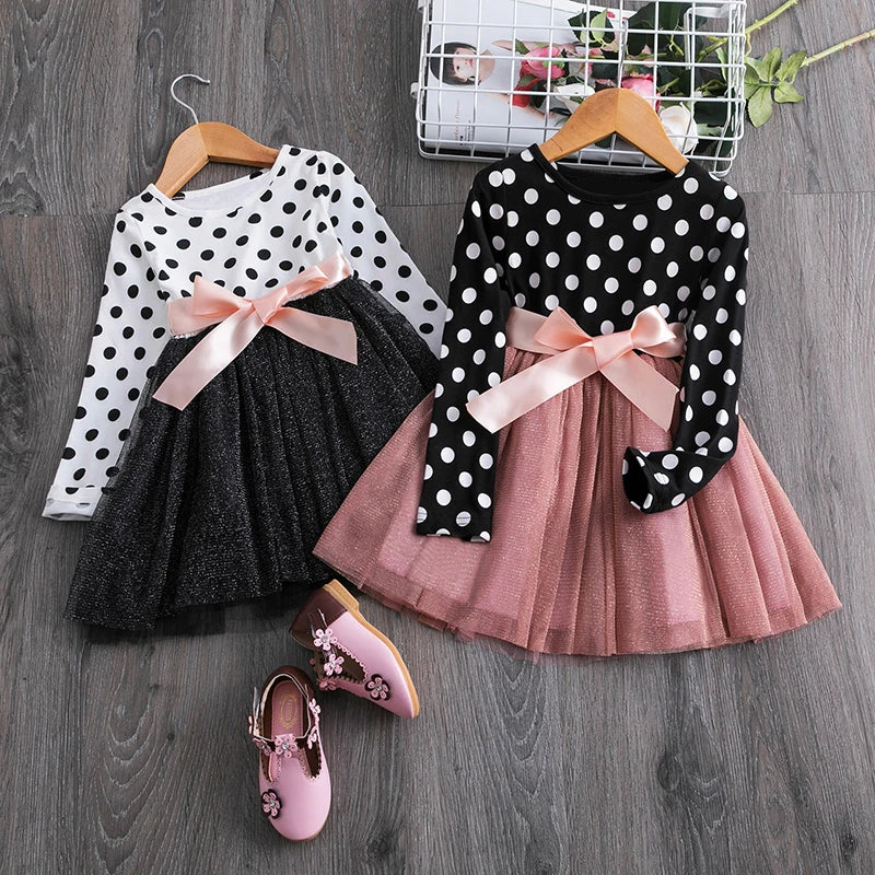 Polka Dot Tulle Kids Princess Dresses for Girls New Spring Autumn Wedding Birthday Party Vestido 3-8 Yrs Children Casual Clothes