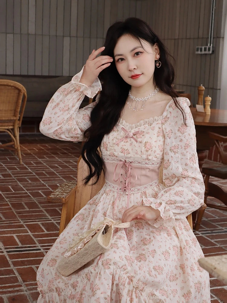 ARWEN & AJH GROUP 2024 Spring Pink Floral Elegant Dress Women Bandage Lace Print Sweet Vintage Dress Puff Sleeve Dress Women Princess Fairy