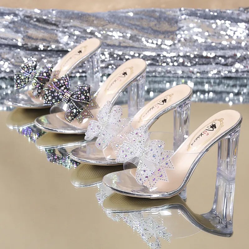 High Heels Crystal Bowtie Slippers Women 2023 Summer Open Toe Transparent Pvc Sandals Woman Clear Heeled Party Slides