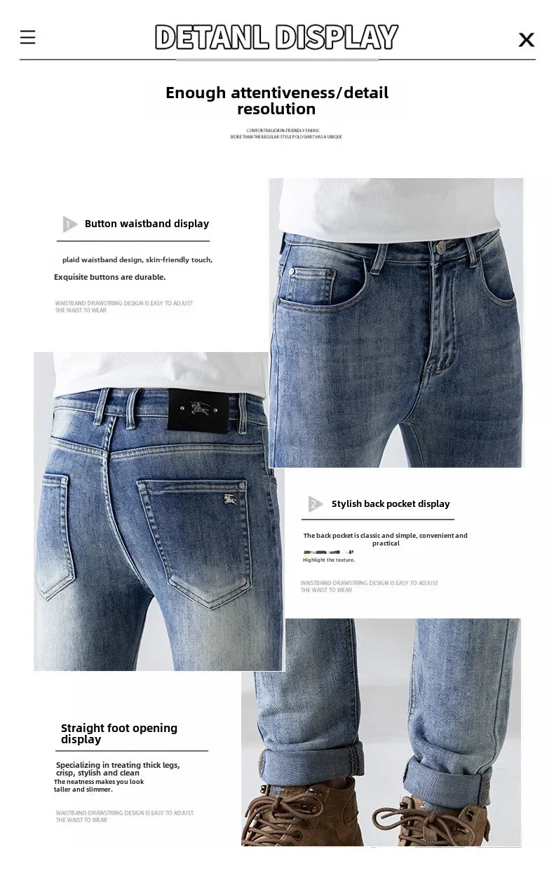 Trendy Casual Men's Denim Trousers High End Thin Cutting Edge Style Slim Fit Stretchy Regular Fit Small Straight Leg