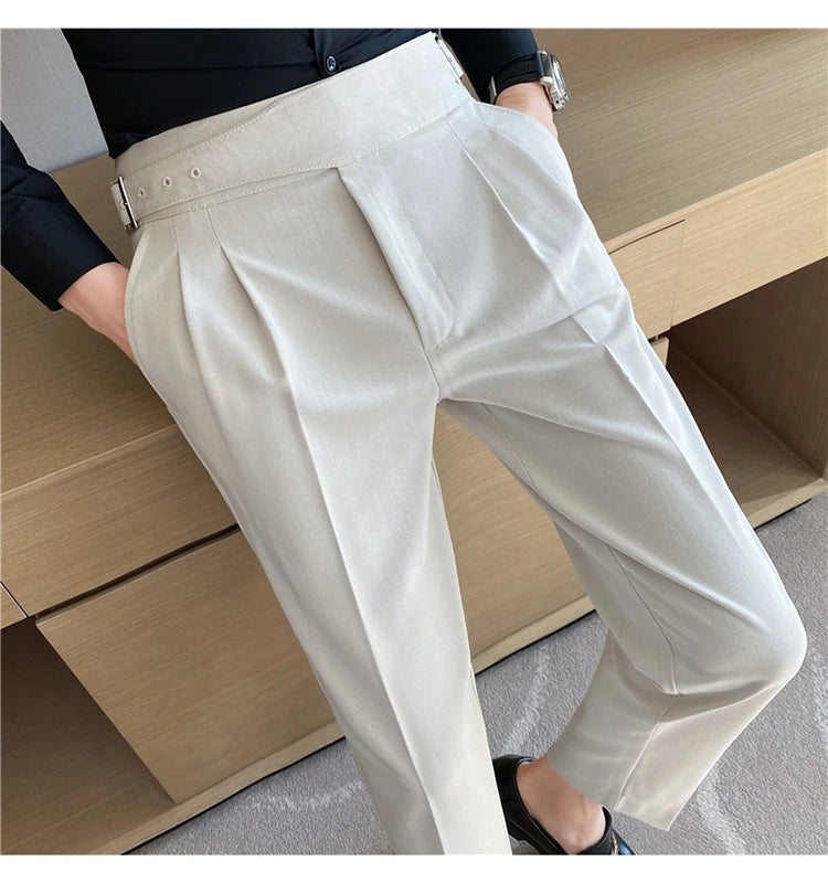 British Style Men High Waist Casual Dress Pant Men Belt Design Slim Trousers Formal Office Social Wedding Party Dress Suit Pants