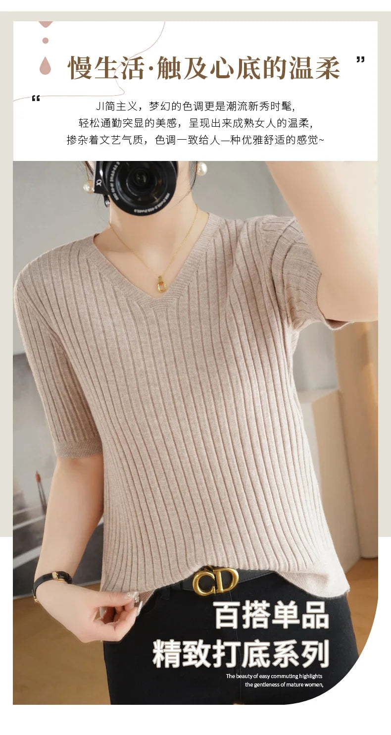 2024 new Women's Clothing Pullovers Sweaters Spring Summer New V-neck Short sleeved Knitted Shirt Base Shirt Solid Color Jumpers