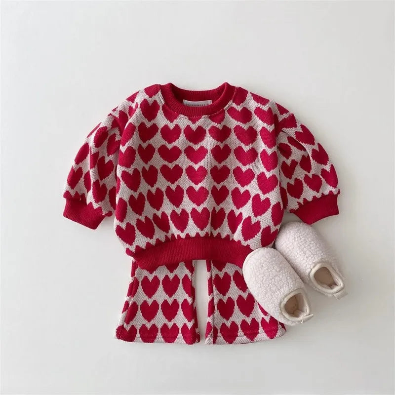 2024 Autumn Toddler Baby Girl Clothing Set Girls Knitted Sweater Tops + Flared Pants 2 Pieces Knit Suit Children Outfits Clothes