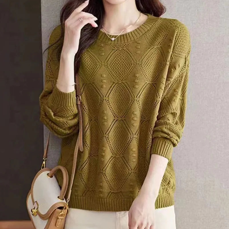 2024 Women's Spring and Autumn New Fashion Round Neck Solid Hollow Out Knitted Sweater Loose Long Sleeve Pullover Versatile Tops