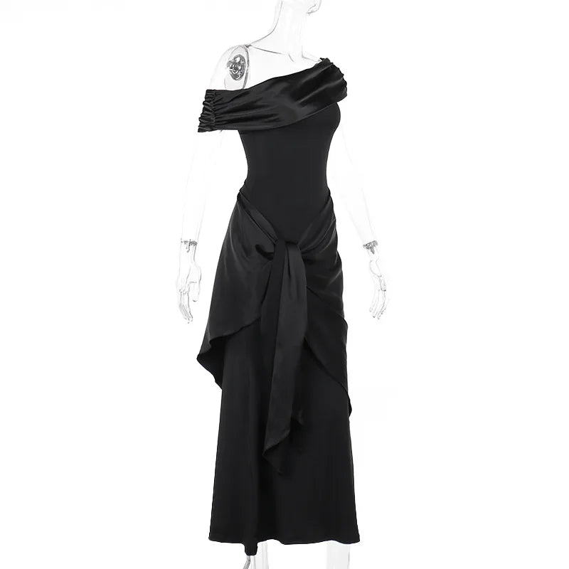 2024 Party Evening Dresses Elegant Black Slash Neck Maxi Dress For Women Fashion Short Sleeve Bodycon Banquet Vestidos Female