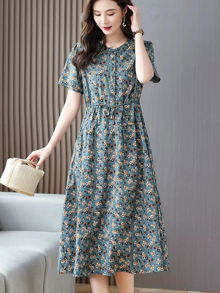 ARWEN & AJH GROUP Cotton Dresses Women 2024 New Summer Elegant Floral Print Drawstring Maxi Dress Casual Loose Mommy Clothes Robe Femme 4XL