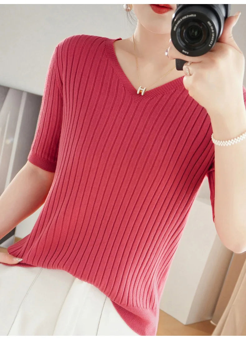 2024 new Women's Clothing Pullovers Sweaters Spring Summer New V-neck Short sleeved Knitted Shirt Base Shirt Solid Color Jumpers