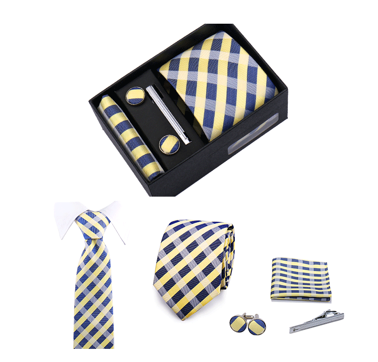 Fashion Elegant Men's Necktie Gift Box Striped Tie Handchief Cufflink Tie Clip 4 pcs Set Wedding Business Party Suit Accessories