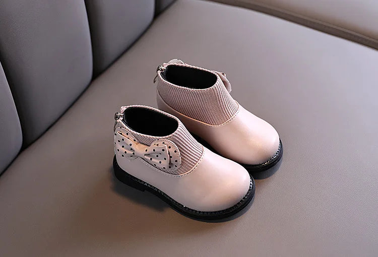 Children's Cotton Boots Winter New Kids Shoes Bow Girls Soft Bottom PU Leather Boots Baby Side Zipper Design Boots Toddler Shoes