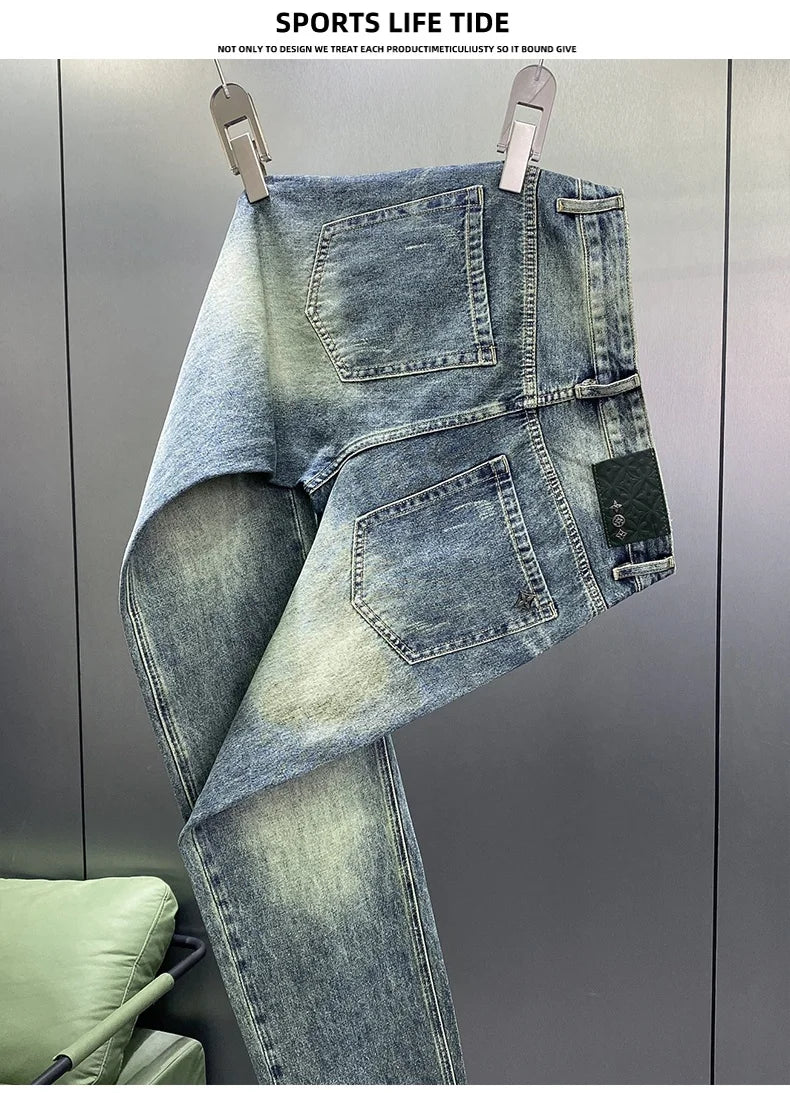 Thin section light blue jeans high-end simple fashion loose straight pants spring and summer casual versatile men's pants