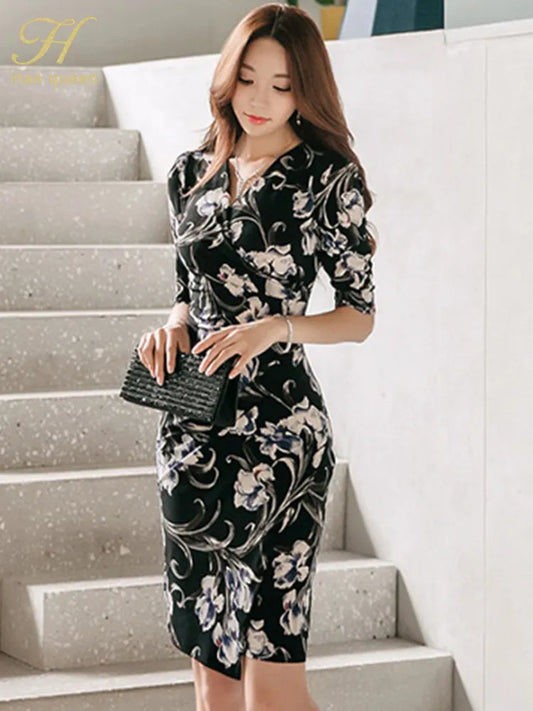 ARWEN & AJH GROUP   Hot Sales Elegant Fashion V-Neck Slim Print Vintage Pencil Dress Womens Simple Dresses Casual Party Office Vestidos