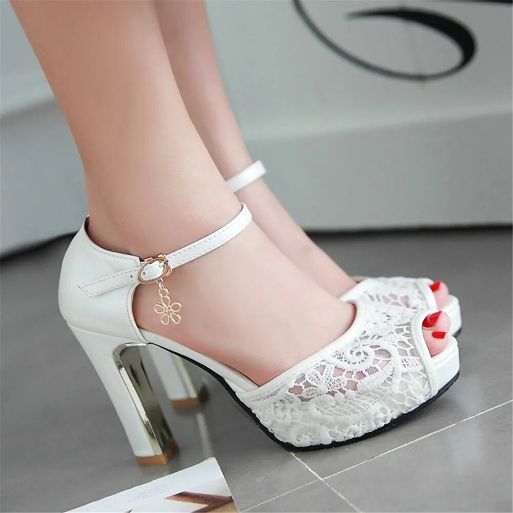 Women Summer Lace Bow Mesh Shoes Fish Mouth High Heel Ladys Platform Sandals Evening White Dress Wedding Female